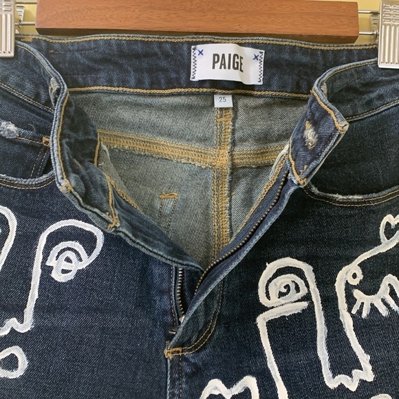Paige | Custom Margot Jean Mom Painted Denim Artsy Face Distressed Art Shorts 25 - Picture 11 of 17